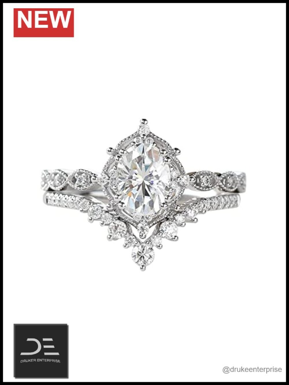 925 Sterling Silver 1.5ct Oval Moissanite Engagement Ring Bridal Set 2pcs